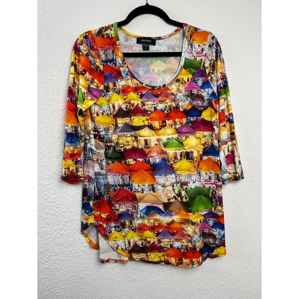 Karen Kane Womens Size S 3/4 Sleeve Artsy Tents Multicolor Top Art 2 Wear Teach